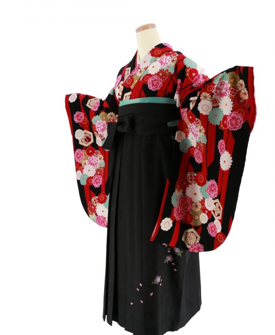 卒業式袴レンタルNo.671[KANSAI][人気柄]黒×ピンク矢絣・花の丸｜着物 